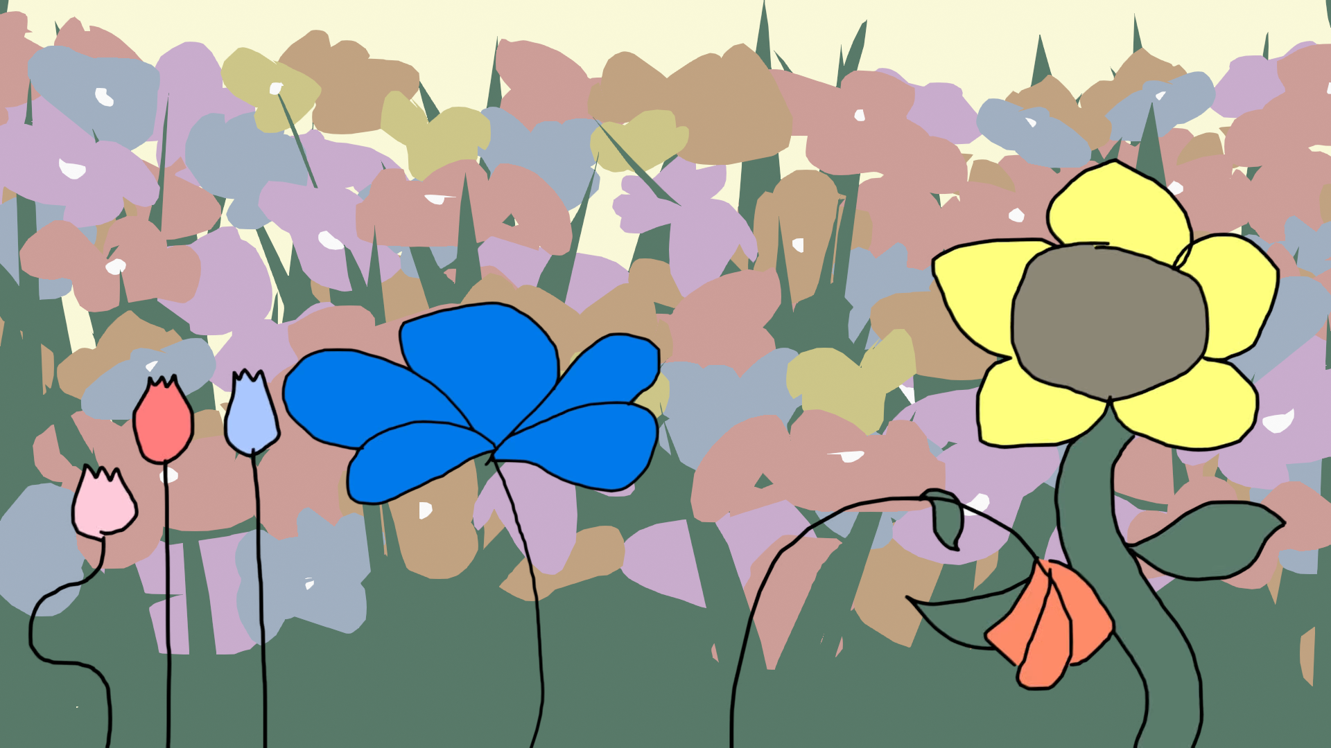 A drawing depicting six flowers in a flower field mid-motion.